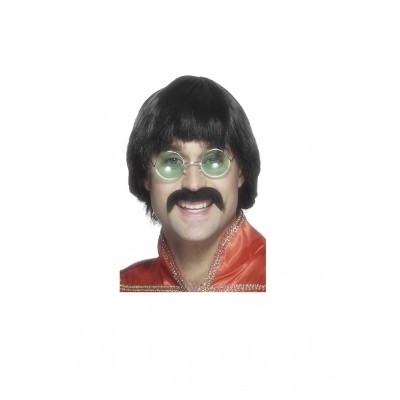70's Mersey Black Short Wig & Moustache Pk 1