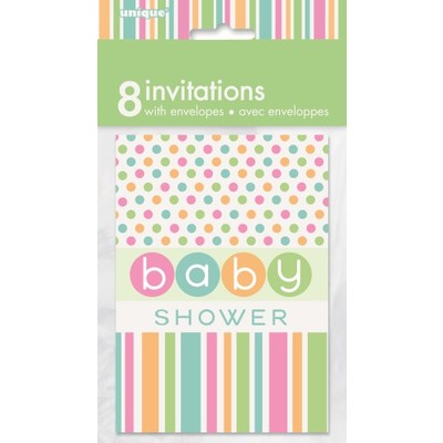 Pastel Baby Shower Dots & Stripes Invitations Pk 8