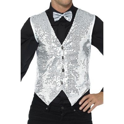 Adult Male Silver Sequin Waistcoat Vest (X Large, 46-48) Pk 1 (VEST ONLY)