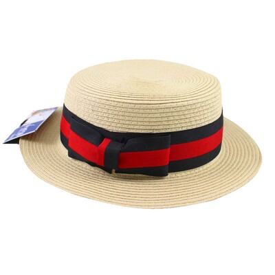 Straw Boater Hat with Red & Black Band Pk 1