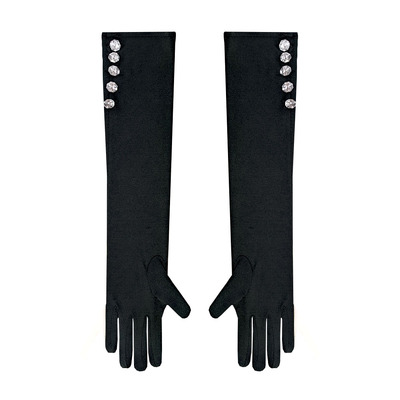 Black Long Satin Glam Gloves with Diamantes (1 Pr)