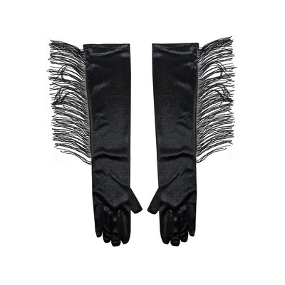 Black Long Satin Glam Gloves with Fringing (1 Pair)