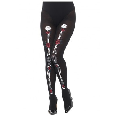 Day of the Dead Black Tights with Bone & Rose Print Pk 1