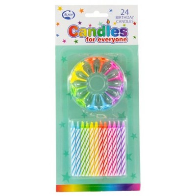 Candles Birthday with Holder Pk24 (24 Assorted Colour Candles & 12 Holders)