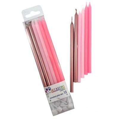 Pink & Rose Gold Slim Birthday Candles with Holders Pk 12