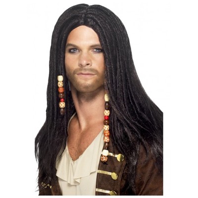 Long Black Pirate Wig with Beads Pk 1