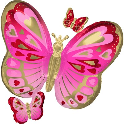 Red Pink & Gold Butterfly Foil Supershape Balloon