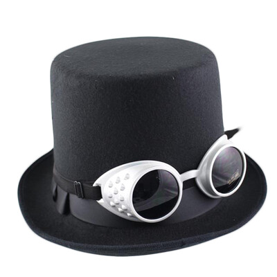 Steampunk Black Top Hat with Silver Goggles Pk 1