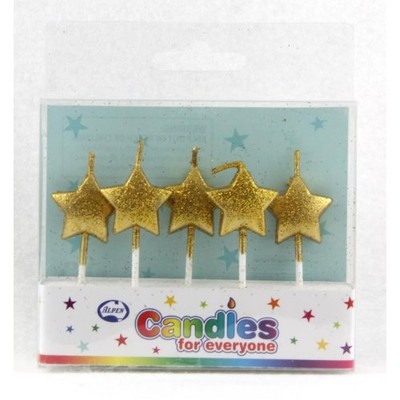 Glitter Gold Stars Party Candles Pk 5