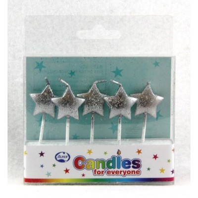 Glitter Silver Stars Party Candles Pk 5