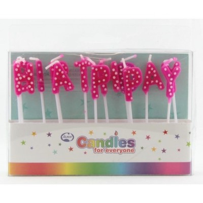 Pink Happy Birthday Candles with White Dots Pk 1