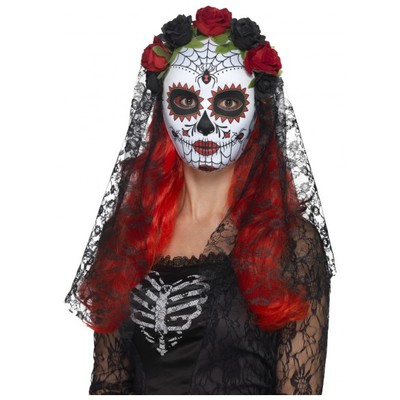 Day of the Dead Plastic Face Mask with Black Lace Veil Pk 1