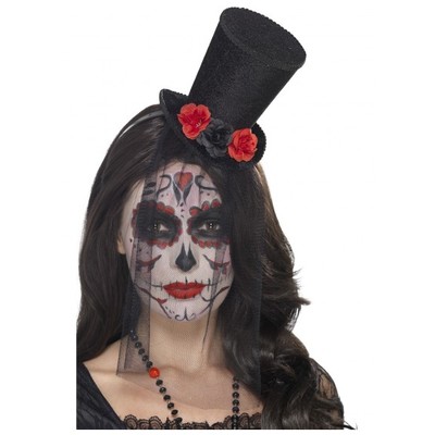Halloween Day of Dead Black Mini Top Hat with Red Roses Pk 1