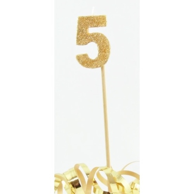 Gold Glitter Number 5 Tall Stick Cake Candle
