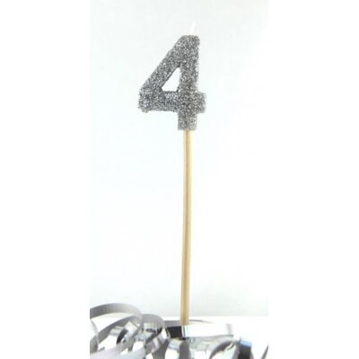 Silver Glitter Number 4 Tall Stick Cake Candle