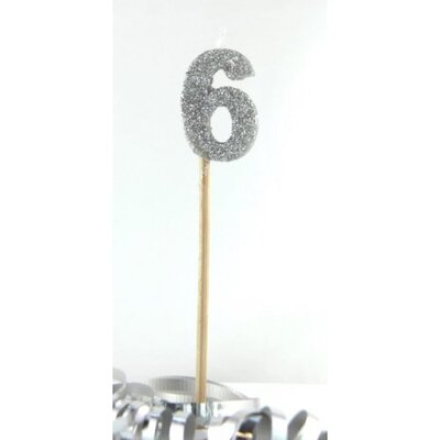 Silver Glitter Number 6 Tall Stick Cake Candle