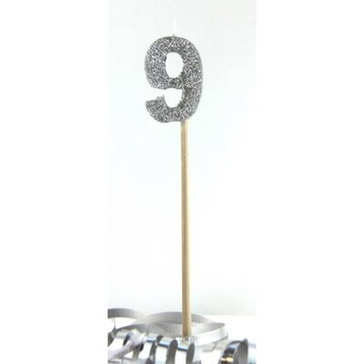 Silver Glitter Number 9 Tall Stick Cake Candle