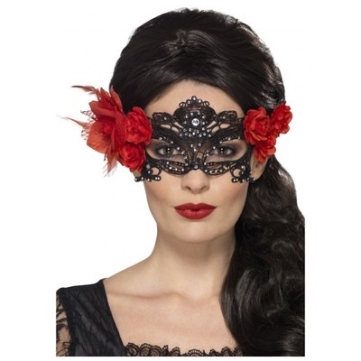 Halloween Day of the Dead Black Lace Eye Mask with Red Roses Pk 1