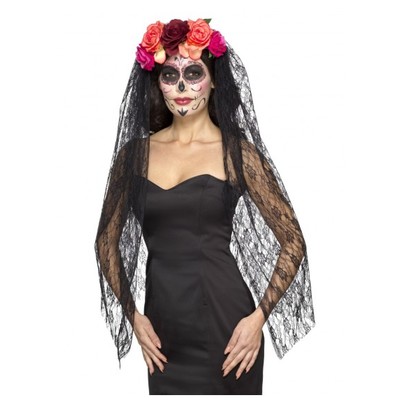 Halloween Day of the Dead Headband with Roses & Lace Veil Pk 1