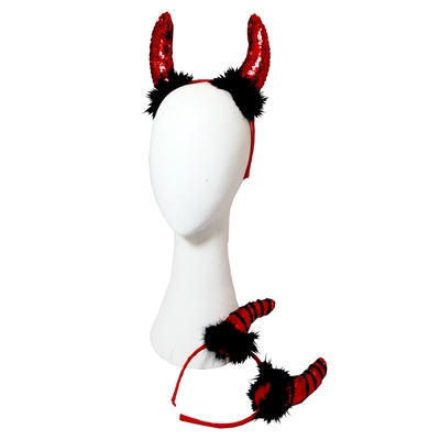 Halloween Red Black Headband with Sequin Devil Horns Assorted (1 HEADBAND ONLY)