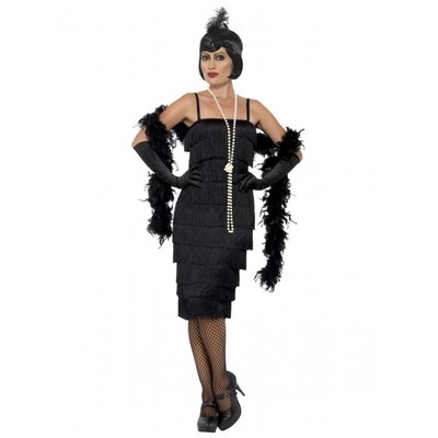 Adult Black Long 20s Flapper Dress Costume (Large, 16-18)
