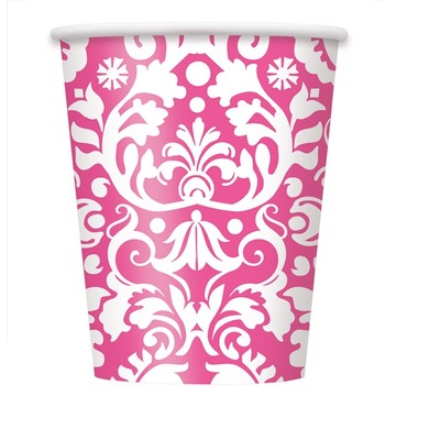 Pink Damask 9oz Paper Cups Pk 8