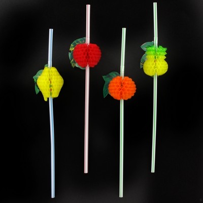 Plastic Flexi Straws with Honeycomb Fruits Pk 12 (Assorted Designs)