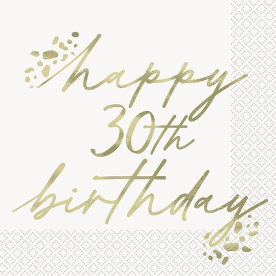 Happy 30th Birthday Gold Script Lunch Napkins 2 Ply Pack of 16 | Foil Stamped