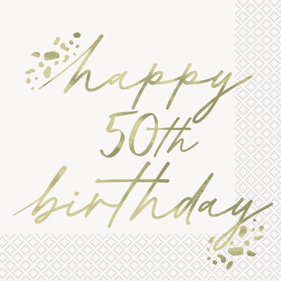 Happy 50th Birthday Gold Script Lunch Napkins 2 Ply Pack of 16 | Foil Stamped