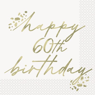 Happy 60th Birthday Gold Script Lunch Napkins 2 Ply Pack of 16 | Foil Stamped