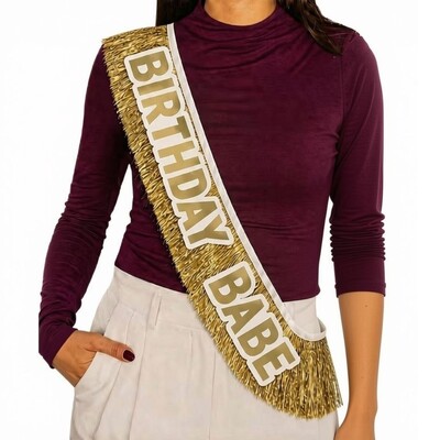Luxe Birthday Babe Gold Foil Fringe Sash - White & Gold Birthday Party Accessory