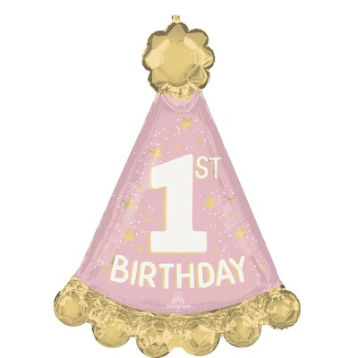 Pink & Gold 1st Birthday Party Hat Foil Supershape Balloon