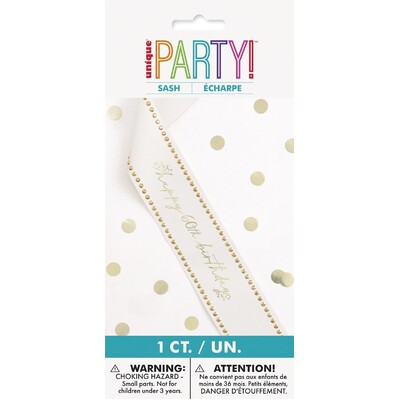 White Paper Gold Stud Happy 60th Birthday Sash - Adult Birthday Party Accessory