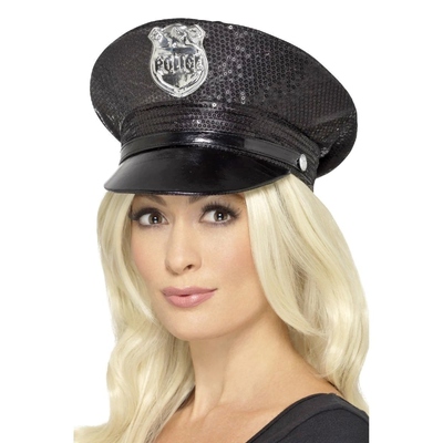 Black Sequin Police Cap Hat