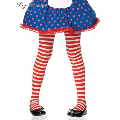 Child Red & White Striped Tights Stockings Large 8-10 Yrs