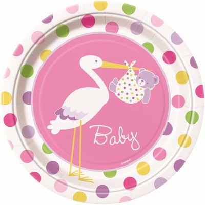 Baby Girl Stork Baby Shower 9in. Paper Plates Pk 8