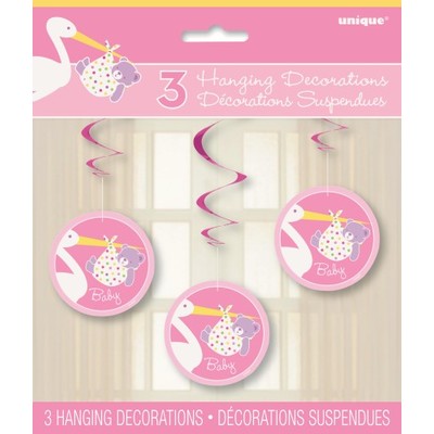 Baby Shower Girl Stork Hanging Swirl Decorations Pk 3