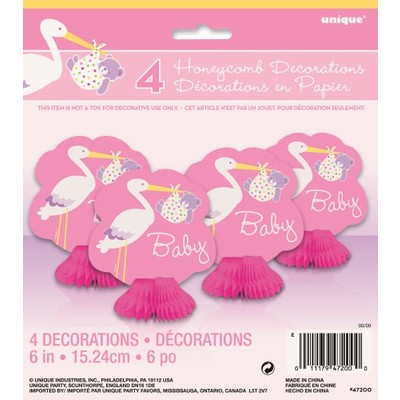 Baby Shower Girl Stork Mini Honeycomb Decorations (6in.) Pk 4