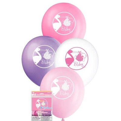 Baby Shower Baby Girl Stork 30cm Latex Balloons Pk 8