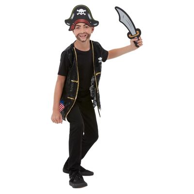 Child Pirate Costume Kit - Waistcoat Hat Sword (Sml-Med) Pk 1