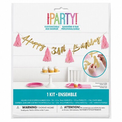Customisable Any Age Happy Birthday Banner Gold with Pink Tassels - Birthday Party Decoration