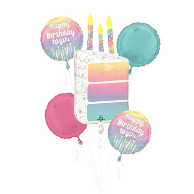 Pearlised Pastel Happy Birthday Cake Foil Balloon Bouquet 5 Pack | Helium Balloons
