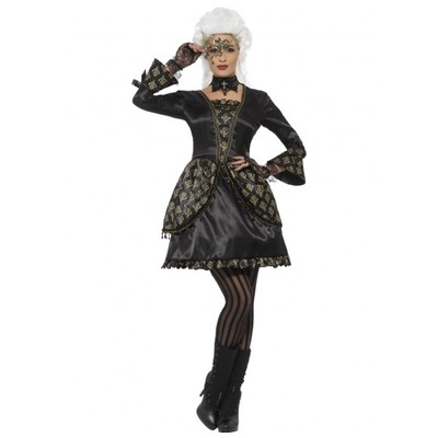 Female Adult Masquerade Costume Dress Black & Gold (Med 12-14) Pk 1