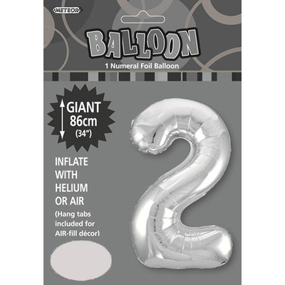Silver Number 2 Supershape Foil Balloon (34in/86cm) Pk 1