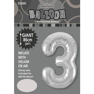 Silver Number 3 Supershape Foil Balloon (34in/86cm) Pk 1