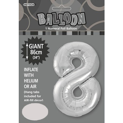 Silver Number 8 Supershape Foil Balloon (34in/86cm) Pk 1