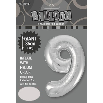 Silver Number 9 Supershape Foil Balloon (34in/86cm) Pk 1