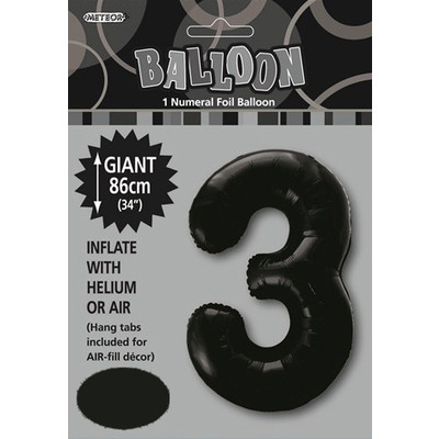 Black Number 3 Supershape Foil Balloon (34in/86cm) Pk 1