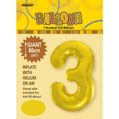 Gold Number 3 Supershape Foil Balloon (34in/86cm) Pk 1
