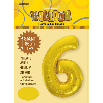 Gold Number 6 Supershape Foil Balloon (34in/86cm) Pk 1